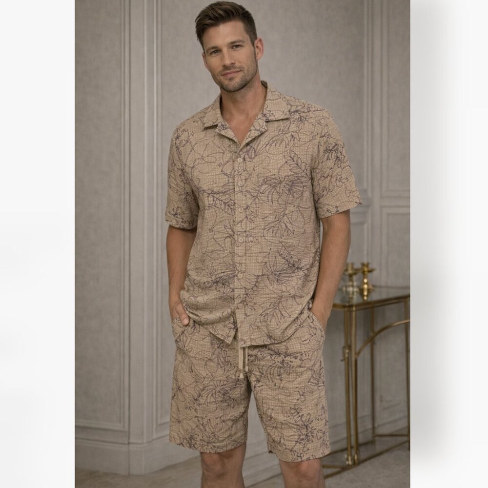 Tan Floral Button-Up Shirt and Shorts Set